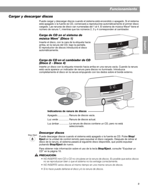 Page 259
Funcionamiento
English FrançaisEspañol
Cargar y descargar discos
Puede cargar y descargar discos cuando el sis tema está encendido o apagado. Si el sistema 
está apagado o la fuente es CD, comenzará a  reproducirse automáticamente el primer disco 
cargado. Las ranuras de disc o van numeradas del 1 al 4. El sistema de música Wave
® tiene el 
número de ranura 1, mient ras que los números 2, 3 y 4 corresponden al cambiador.
Carga de CD en el sistema de 
música Wave® (Disco 1)
Inserte el disco, con la cara...