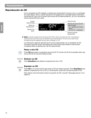 Page 2610
Funcionamiento
Français Español English
Reproducción de CD
Con el cambiador de CD instalado, el sistema de música Wave® funciona como un cambiador 
de cuatro discos. Ahora, cuando reproduzca CD aparecerá en la pantalla toda la información 
normal del CD, junto con el número de la ranura  de CD seleccionada (d1, d2, d3 o d4) sobre el 
tiempo transcurrido de la pista.
Nota: Cuando cambie de la fuente de FM, AM o AUX a la fuente de CD, comenzará a 
reproducirse el CD de la ranura utilizada más...