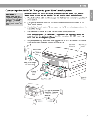 Page 97
Setup
English FrançaisEspañol
Connecting the Multi-CD Changer to your Wave® music system
Before you start this setup procedure, disconnect the AC power cord on your 
Wa v e® music system and set it aside. You will need to use it again in Step 3.
1. Plug the Bose
® link cable from the changer into the Bose® link connector on your Wave®
music system.
2. Plug the changer power cord into the AC power input connector on the back of the 
Wave
® music system.
3. Plug the Wave
® music system AC power cord into...