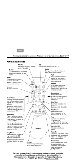 Page 7CONTROL REMOTO RETROILUMINADO PREMIUM DEL SISTEMA DE MÚSICA BOSE® WAVE®
Árabe Chino s. Tailandés EnglishCoreano Nederlands Français Italiano Deutsch Español
Funcionamiento
Para ver una explicación completa de las funciones de un botón, 
consulte la Guía del usuario del sistema de música Wave®.
Si desea información sobre la garantía limitada del producto, 
consulte el contenido del usuario en www.bose.com
AUX
Pulse para escuchar el 
sonido de una fuente 
externa conectada a la 
entrada AUX IN. On/Off...