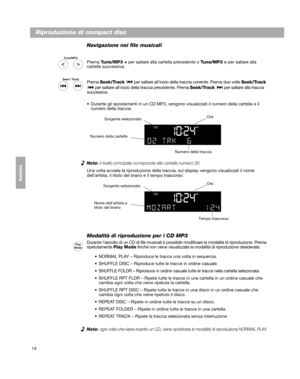 Page 10414
Riproduzione di compact disc
Svenska Nederlands Italiano Français Italiano Deutsch DanskEnglish
Navigazione nei file musicali
Prema Tune/MP3 <  per saltare alla cartella precedente o  Tune/MP3 > per saltare alla 
cartella successiva.
Prema Seek/Track  per saltare allinizio della traccia corrente. Prema due volte Seek/Track 
 per saltare allinizio della traccia precedente. Prema Seek/Track  per saltare alla traccia 
successiva.
 
 Durante gli spostamenti in un  CD MP3, vengono visualizzati il numero...