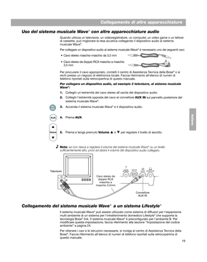 Page 10919
Collegamento di altre apparecchiature
EnglishDeutsch Français
Dansk Italiano ItalianoSvenska
Nederlands
Uso del sistema musicale Wave® con altre apparecchiature audio
Quando utilizza un televisore, un videoregistratore, un computer, un video game o un lettore 
di cassette, può migliorare la resa acustica collegando il dispositivo audio al sistema 
musicale Wave
®.
Per collegare un dispositivo audio al sistema musicale Wave
® è necessario uno dei seguenti cavi:
 Cavo stereo maschio-maschio da 3,5 mm...