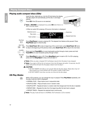 Page 1212
Français Español English
Playing Compact Discs
Playing audio compact discs (CDs)
Insert the disc, label side up, into  the CD slot below the display. 
The disc player will automatica lly pull the disc in and begin 
playing.
Press  CD if the CD source is not selected.
Note:  – NO DISC –  is displayed if you press  CD when there is no 
disc in the disc player.
 When an audio CD is playing, CD source information is displayed:
Press  Play/Pause  to pause a playing CD. The elapsed time flashes while...