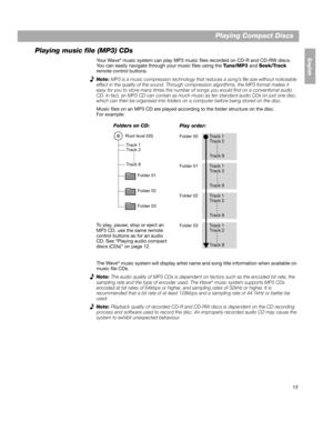 Page 1313
Playing Compact Discs
EnglishFrançais
Español
Playing music file (MP3) CDs
Yo u r  W a v e® music system can play MP3 music files recorded on CD-R and CD-RW discs. 
You can easily navigate through your music files using the  Tune/MP3 and Seek/Track  
remote control buttons.
Note:  MP3 is a music compression technology that reduces a song’s file size without noticeable 
effect in the quality of the sound. Through compression algorithms, the MP3 format makes it 
easy for you to store many times the...