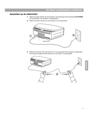 Page 1255
Uw Wave®-muzieksysteem installeren
DanskItalianoNederland
Deutsch Nederlands
Aansluiten op de elektriciteit
1.Steek het smalle uiteinde van het netsnoer in de aansluiting met de aanduiding AC POWER 
op de achterkant van het Wave®-muzieksysteem.
2. Steek het andere uiteinde van het netsnoer in een stopcontact.
1 2
Stopcontact
3.
Wikkel het netsnoer af en trek het recht, om een optimale FM-ontvangst te waarborgen. 
Het netsnoer fungeert als FM-antenne voor het Wave®-muzieksysteem.
3
00.BWMS_NLD.book...