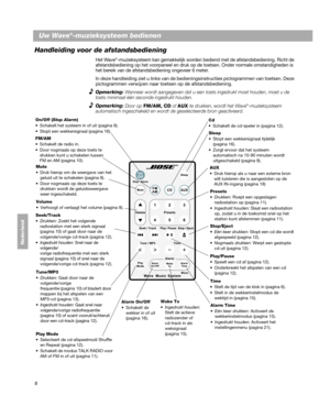 Page 1288
Dansk
Deutsch
Italiano
Nederlands
Nederland
Uw Wave®-muzieksysteem bedienen
Handleiding voor de afstandsbediening
Het Wave®-muzieksysteem kan gemakkelijk worden bediend met de afstandsbediening. Richt de 
afstandsbediening op het voorpaneel en druk op de toetsen. Onder normale omstandigheden is 
het bereik van de afstandsbediening ongeveer 6  meter.
In deze handleiding ziet u links van de bedien ingsinstructies pictogrammen van toetsen. Deze 
pictogrammen verwijzen naar toetsen op de...