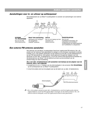 Page 13717
DanskItalianoNederland
Deutsch Nederlands
Andere apparaten aansluiten
Aansluitingen voor in- en uitvoer op achterpaneel
Het achterpaneel van uw Wave®-muzieksysteem is voorzien van aansluitingen voor externe 
apparaten.
Bose linkA UX IN
EXTERNE  
75 Ω FM-ANTENNE
Een 3,5-mm FM-
antenneaansluiting.Bose®-link-aansluiting
Aansluiting voor via Bose®-link aangesloten  
Lifestyle®-systemen. AUX IN
Een 3,5-mm ingang voor het 
aansluiten van
 
externe bronnen. HOOFDTELEFOON
Een 3,5-mm 
hoofdtelefoonaansluiting....