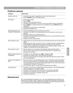 Page 14727
Uw Wave®-muzieksysteem onderhouden
DanskItalianoNederland
Deutsch Nederlands
Problemen oplossen
ProbleemWat te doen
Systeem werkt niet  Controleer of het goed is aangesloten op een werkend stopcontact.
 Druk op On/Of
 f en kijk of he t display oplicht.
Geen geluid 
 Druk op Mut
 e.
 Werp de cd uit en laad deze opnieuw.
 Controleer de aansluitingen voor een bron die op de AUX IN-ingang is aangesloten.
 Druk op AU X
 
 als u naar een externe bron wilt luisteren die op de  AUX IN-ingang is 
aangesloten....