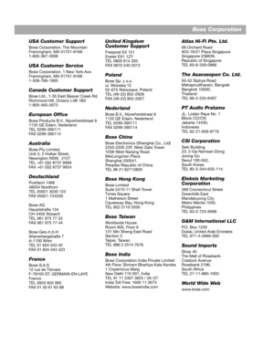 Page 155EnglishDeutsch Français
Dansk Español ItalianoSvenska
Nederlands
Dansk ItalianoSvenska
Deutsch Nederlands
English Français
Español
Bose Corporation
USA Customer Support
Bose Corporation, The Mountain  
Framingham, MA 01701-9168  
1-800-367-4008
USA Customer Service
Bose Corporation, 1 New York Ave.  
Framingham, MA 01701-9168  
1-508-766-1900
Canada Customer Support
Bose Ltd., 1-35 East Beaver Creek Rd.  
Richmond Hill, Ontario L4B 1B3  
1-800-465-2673
European Office
Bose Products B.V. ,...