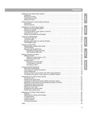 Page 33
EnglishFrançaisNederlands
Deutsch ItalianoItalianoSvenska
Nederlands
Contents
Setting Up Your Wave® Music System  . . . . . . . . . . . . . . . . . . . . . . . . . . . . . . . . . . . . . . . . . . . . . .  4
Unpacking   . . . . . . . . . . . . . . . . . . . . . . . . . . . . . . . . . . . . . . . . . . . . . . . . . . . . . . . . . .  . . . . . .  4
Selecting a location   . . . . . . . . . . . . . . . . . . . . . . . . . . . . . . . . . . . . . . . . . . . . . . . . . . . . .  . . . .  4
Connecting to...