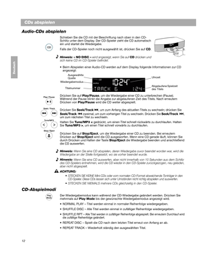 Page 4212
Dansk
Deutsch
Italiano
Nederlands
Svenska
CDs abspielen
Audio-CDs abspielen
®
Schieben Sie die CD mit der Beschriftung nach oben in den CD-
Schlitz unter dem Display. Der CD-Spieler zieht die CD automatisch 
ein  u

nd startet die Wiedergabe.
Falls der CD-Spieler noch nicht au sgewählt ist, drücken Sie auf CD. 
Hinweis: – NO DISC – wird angezeigt, wenn Sie auf  CD drücken und 
sich keine CD im CD-Spieler befindet.
 Beim Abspielen einer Audio-CD werden auf  dem Disp
 lay folgende Informationen zur CD...