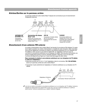 Page 7717
EnglishFrançais
Español
Branchement d’autres appareils
Entrées/Sorties sur le panneau arrière
Le panneau arrière de votre chaîne Wave®  dispose de connecteurs pour le branchement 
d’appareils externes.
Bose linkA UX IN
ANTENNE FM  
EXTERNE 75
Ω
Connecteur 
d’antenne FM 
de 3,5 mm.
Connecteur de réseau 
Bose® Link
Permet de connecter des 
chaînes Lifestyle® dans un 
réseau Bose® Link. AUX IN
Connecteur d’entrée stéréo 
de 3,5 mm pour le 
branchement de sources 
externes.
CASQUE
Connecteur stéréo pour...