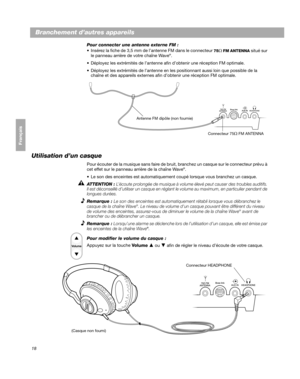 Page 7818
Branchement d’autres appareils
Français Español English
Pour connecter une antenne externe FM  :
 Insérez la fiche de  3,5  mm de l’antenne  FM dans le connecteur 
75Ω FM ANTENNA situé sur 
le panneau arrière de votre chaîne Wave®.
 Déployez les extrémités de l’antenne afin d’obtenir une réception  FM optimale.
 Déployez les extrémités de l’antenne en les positionnant aussi loin que possible de la  ch aîn

e et des appareils externes afin d’obtenir une réception  FM optimale.
Bose link
AUX IN...