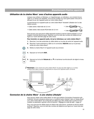 Page 7919
Branchement d’autres appareils
EnglishFrançais
Español
Utilisation de la chaîne Wave® avec d’autres appareils audio
Lorsque vous utilisez un téléviseur, un magnét oscope, un ordinateur, une console de jeux 
vidéo ou un lecteur de cassettes, vous pouvez profiter d’un plus grand plaisir d’écoute en 
diffusant le son de l’appareil audio sur votre chaîne Wave
®.
Le branchement d’un appareil audio sur votre chaîne Wave
® nécessite l’utilisation de l’un des 
câbles suivants :
 Câble stéréo mâle/mâle de 3,5...