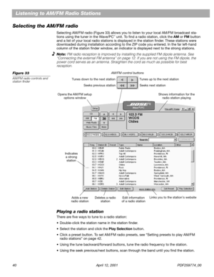 Page 4040 April 12, 2001 PDF259774_00
Listening to AM/FM Radio Stations
Selecting the AM/FM radio
Selecting AM/FM radio (Figure 33) allows you to listen to your local AM/FM broadcast sta-
tions using the tuner in the Wave/PC™ unit. To ﬁnd a radio station, click the AM or FM button 
and a list of your local radio stations is displayed in the station ﬁnder. These stations were 
downloaded during installation according to the ZIP code you entered. In the far left-hand 
column of the station ﬁnder window, an...