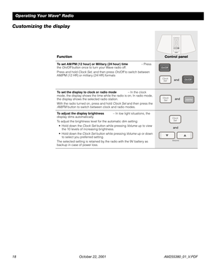 Page 1818 October 22, 2001 AM255380_01_V.PDF
Operating Your Wave® Radio
Customizing the display
FunctionControl panel
To set AM/PM (12 hour) or Military (24 hour) time – Press 
the On/Off button once to turn your Wave radio off.
Press and hold Clock Set, and then press On/Off to switch between 
AM/PM (12 HR) or military (24 HR) formats
To set the display to clock or radio mode – In the clock 
mode, the display shows the time while the radio is on; In radio mode, 
the display shows the selected radio station....