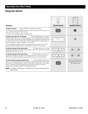 Page 2222 October 22, 2001 AM255380_01_V.PDF
Operating Your Wave® Radio
Using the Alarms
FunctionControl panelRemote control
To stop the alarm – Press On/Off. The indicators remain lit. 
Or, if you do not press On/Off, the tone   alarm shuts off in 30 minutes, the 
radio   alarm shuts off in 60 minutes.
The alarm automatically resets to repeat daily.
To pause the alarm for 10 minutes – Press Sleep/Snooze or Sleep to 
have the radio   or tone   alarm repeat in 10 minutes. When the alarm is 
in both radio and...