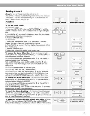 Page 1717
Operating Your Wave® Radio
Setting Alarm 2
Note: You can set the alarm with the radio on or off.
The ALARM 2 indicator must be flashing to set Alarm 2 time or sound.
The ALARM 2 indicator continues flashing for 10 seconds after the
Alarm 2 wakeup time or sound is set.
Function
To set the Alarm 2 time
On the control panel:
1. Hold down ALARM SET and press ALARM MODE 
 until the
ALARM 2 indicator flashes. You have 10 seconds to begin setting the
time.
2. Hold ALARM SET and press TUNING up or down. The...