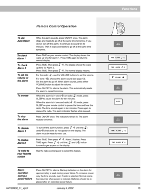 Page 15AM189930_01_V.pdf January 4, 2002 15
Functions
SLEEP
ALARMTIME
ON/OFF
TIME ALARM
To disable
Alarm 1
Use the radio control panel to select this feature.
Alarm
operation
during a
power failurePress ON/OFF to silence. Backup batteries run the alarm for
approximately a week during power failure. To conserve power,
only the tone sounds, even if radio is selected. Normal opera-
tion resumes when power is restored. Batteries should be re-
placed after an extended power failure.
®
W
A
V
E
 
R
A
D
I
O
 
R
E
M
O...