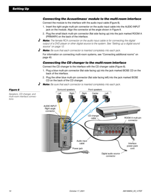 Page 1210 October 17, 2001                  AM189854_05_V.PDF
Setting Up
Connecting the Acoustimass® module to the multi-room interface
Connect the module to the interface with the audio input cable (Figure 8).
1. Insert the right-angle multi-pin connector on the audio input cable into the AUDIO INPUT
jack on the module. Align the connector at the angle shown in Figure 8.
2. Plug the small black multi-pin connector (flat side facing up) into the jack marked ROOM A
(PRIMARY) on the back of the interface.
Note:...