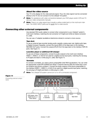 Page 17          AM189854_05_V.PDF October 17, 2001 15
Setting Up
ANTENNA
FM AM
BOSE CDAUX VIDEO 1 VIDEO 2 TAPE IN OUT
L LLLL
R RRRRRECORD
ROOM A(PRIMARY)ROOM B
ROOM D ROOM CPOWER
SERIAL
DATA
!SEE USER’S
GUIDE
12V     AC
1.6A
AUDIO INPUTAUDIO OUTPUT
DVD player, other
digital source, or
other deviceVCR, TV,
or laserdiscVCR, TV,
or laserdiscTape deckOutputs Inputs
About the video source
Your TV is the display for the video (picture) signal. Thus, the video signal must be connected
directly to the TV. Do not...