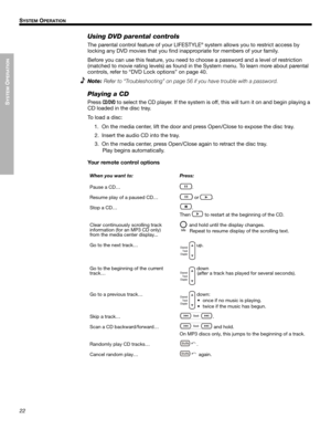 Page 2222
SYSTEM
 O
PERATION
!!
S
YSTEM OPERATION
Dansk
Italiano
Svenska Deutsch Nederlands English Français Español
Using DVD parental controls
The parental control fe ature of your LIFESTYLE® system allows you to restrict access by  !
locking any DVD movies that  you find inappropriate for members of your family.
Before you can use this feature, you need to  choose a password and a level of restriction 
(matched to movie rating  levels) as found in the System menu . To learn more about parental 
controls,...