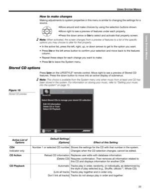 Page 33USING
 SYSTEM
 M
ENUS
33
!!U
SING SYSTEM MENUS
Dansk Italiano Svenska
Deutsch Nederlands
English Français Español
How to make changes
Making adjustments to  system properties in this  menu is similar to changin g the settings for a 
source.
•Move around and make choices by  using the selection buttons shown.
•Move right to see a preview of features under each property.
•Press the down arrow or 
Enter to select and  activate that pr operty screen.
Note:
When activated, the screen changes from a  preview...