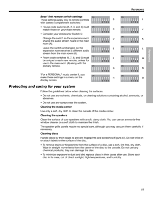 Page 5555
REFERENCE
!!R
EFERENCE
Dansk Italiano Svenska
Deutsch Nederlands
English Français Español
Bose
® link remote switch settings
These settings apply only to remote controls 
with battery compa rtment switches.* 
• House code switches (1, 2, 3, and 4) must  match those on  your main remote.
• Consider your choices for Switch 5:  Change the switch so  the expansion room 
shares the audio stream heard in the main 
room (A).
Leave the switch unchanged, so the 
expansion room receiv es a different audio...