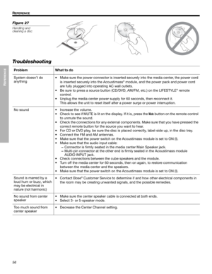 Page 5656
REFERENCE
!!
R
EFERENCE
Dansk
Italiano
Svenska Deutsch Nederlands English Français Español
Figure 27
Handling and 
cleaning a disc
Troubleshooting
Problem What to do
System doesn’t do  !
anything • Make sure the power connecto
r is inserted securely into the media center, the power cord 
is inserted securely into the Acoustimass
® module, and the power pack and power cord 
are fully plugged into op erating AC wall outlets.
• Be sure to press a source button (C D/DVD, AM/FM, etc.) on the LIFESTYLE
®...