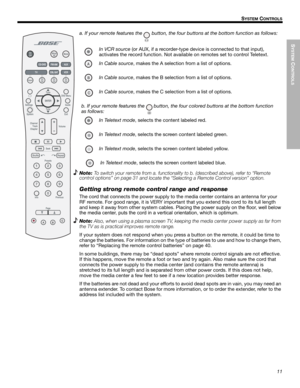 Page 11SYSTEM
 C
ONTROLS
11
!!S
YSTEM CONTROLS
Dansk Italiano SvenskaDeutsch Nederlands English FrançaisEspañol
a. If your remote features the
 button, the four buttons at the bottom function as follows:
In VCR source(or AUX, if a recorder-type device is connected to that input), !
activates the record function. Not available on remotes set to control Teletext.
In Cable source, makes the A selection from a list of options.!
In Cable source, makes the B selection from a list of options.!
In Cable source, makes...