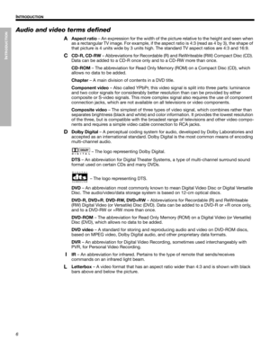 Page 66
INTRODUCTION
!! I
NTRODUCTION
Dansk Italiano Svenska DeutschNederlands EnglishFrançais Español
Audio and video terms defined
Aspect ratioA– An expression for the width of the picture relative to the height and seen when 
as a rectangular TV image. For example, if the aspect ratio is 4:3 (read as 4 by 3), the shape of 
that picture is 4 units wide by 3 units high. The standard TV aspect ratios are 4:3 and 16:9.
CD-R, CD-RW 
C– Abbreviations for Recordable (R) and ReWriteable (RW) Compact Disc (CD)....