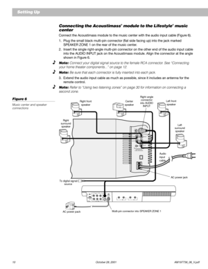 Page 1210 October 28, 2001      AM197736_06_V.pdf
LRTAPE INLRTAPE OUT
RIGHT RIGHT
CENTER
OUTPUTS TO
CUBE SPEAKERSLEFT LEFTFRONT SURROUNDAUDIO
INPUT
Connecting the Acoustimass® module to the Lifestyle® music
center
Connect the Acoustimass module to the music center with the audio input cable (Figure 6).
1. Plug the small black multi-pin connector (flat side facing up) into the jack marked
SPEAKER ZONE 1 on the rear of the music center.
2. Insert the single right-angle multi-pin connector on the other end of the...