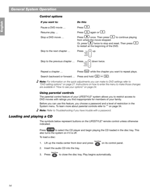 Page 1414
General System Operation
English
Control options
Note: For information on the quick adjustments you can make to DVD settings refer to 
“DVD setting options” on page 27. Instructions on how to enter the menu to make those changes 
are available in “How to see your options” on page 24.
Using parental controls
The parental control feature of your LIFESTYLE® system allows you to restrict access to 
DVD movies with ratings you find inappropriate for members of your family.
Before you can use this feature,...
