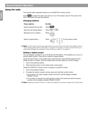 Page 1616
General System Operation
English
Using the radio
The symbols below represent buttons on the LIFESTYLE® remote control.
Press   to select the radio tuner and turn it on if the system was off. This tunes to the 
FM or AM station that was last selected.
Changing stations
Note: For information on the quick adjustments you can make to the radio tuner settings, refer to 
“Tuner setting options (FM or AM radio)” on page 26. Instructions on how to enter the menu to 
make those changes are available in “How to...