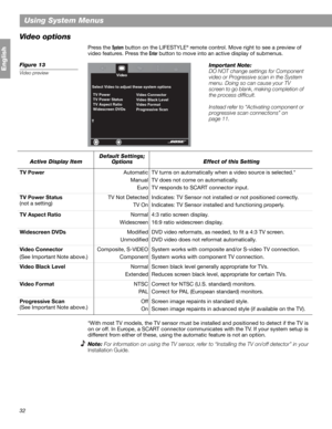 Page 3232
Using System Menus
English
Video options
Press the System button on the LIFESTYLE® remote control. Move right to see a preview of 
video features. Press the 
Enter button to move into an active display of submenus.
Figure 13
Video preview
*With most TV models, the TV sensor must be installed and positioned to detect if the TV is 
on or off. In Europe, a SCART connector communicates with the TV. If your system setup is 
different from either of these, using the automatic feature is not an option....