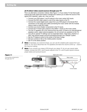 Page 1614 October 29, 2001 AM196575_05_V.pdf
Cable TVVCR TV DVD playerMusic center Digital audio output
To the module
LRTAPE INLRTAPE OUT
L LR
VR
V
RLMusic center
(2) To direct video sound sources through your TV
This is an alternative connection method. (See Figure 11.) If your stereo TV has fixed audio
outputs (the audio signal level doesn’t change) and it allows you to select the source of the
signal (VCR, laserdisc, cable, etc.), then you can:
•Connect your DVD player L and R outputs to the music center AUX...