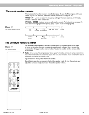 Page 21AM196575_05_V.pdf October 29, 2001 19
The Lifestyle® remote control
The advanced radio-frequency remote control works from anywhere within most types
of home construction. Its radio wave signals pass through walls and floors to reach the 
music center. Simply press the desired button. You do not need to aim the remote at the
music center.
Note: Some types of buildings create “dead spots” where the remote will not operate. Simply
move the remote a foot or two and try again. You can also move the music...