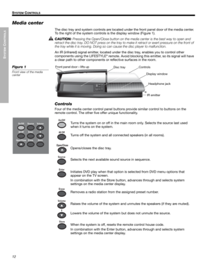 Page 1212
SYSTEM
 C
ONTROLS
!! S
YSTEM CONTROLS
Dansk Italiano Svenska DeutschNederlands EnglishFrançais Español
Media center 
The disc tray and system controls are located under the front panel door of the media center. 
To the right of the system controls is the display window (Figure 1).
CAUTION: 
Pressing the Open/Close button on the media center is the best way to open and 
retract the disc tray.DO NOT press on the tray to make it retract or exert pressure on the front of 
the tray while it is moving....