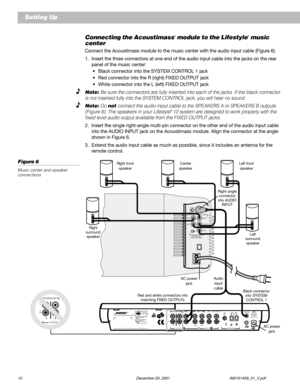 Page 1210 December 20, 2001 AM191409_01_V.pdf
Connecting the Acoustimass® module to the Lifestyle® music
center
Connect the Acoustimass module to the music center with the audio input cable (Figure 6).
1. Insert the three connectors at one end of the audio input cable into the jacks on the rear
panel of the music center:
•Black connector into the SYSTEM CONTROL 1 jack
•Red connector into the R (right) FIXED OUTPUT jack
•White connector into the L (left) FIXED OUTPUT jack
Note: Be sure the connectors are fully...