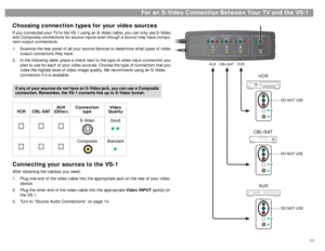 Page 1111
For an S-Video Connection Between Your TV and the VS-1
çpgçpg
Choosing connection types for your video sourcesIf you connected your TV to the VS-1 using an S-Video cable, you can only use S-Video 
and Composite connections for source inputs even though a source may have compo-
nent output connections.
1. Examine the rear panel of all your source devices to determine what types of video 
output connectors they have.
2. In the following table, place a check next to the type of video input connection you...