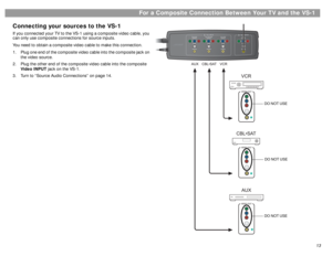 Page 1313
For a Composite Connection Between Your TV and the VS-1
çpgçpg
Connecting your sources to the VS-1If you connected your TV to the VS-1 using a composite video cable, you 
can only use composite connections for source inputs.
You need to obtain a composite video cable to make this connection.
1. Plug one end of the composite video cable into the composite jack on 
the video source. 
2. Plug the other end of the composite video cable into the composite 
Video INPUT jack on the VS-1.
3. Turn to “Source...