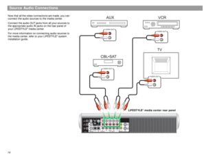 Page 1414Source Audio ConnectionsNow that all the video connections are made, you can 
connect the audio sources to the media center.
Connect the audio OUT jacks from all your sources to 
the appropriate audio IN jacks on the rear panel of 
your LIFESTYLE
® media center.
For more information on connecting audio sources to 
the media center, refer to your LIFESTYLE
® system 
installation guide.
LIFESTYLE
® media center rear panel 