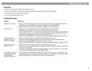 Page 1919
çpgçpg
Maintaining Your VS-1
Cleaning
 Use only a soft, dry cloth to clean the outside of the VS-1. 
 Do not use any solvents, chemicals, or cleaning solutions containing alcohol, ammonia, or abrasives.
 Do not allow liquids to spill into any openings.
 Do not use any sprays near the VS-1.TroubleshootingProblem What to do
System will not turn on  Make sure the DC output cable from the media center power supply is plugged into the VS-1 
and that the VS-1 plug labelled “DC Power” is connected to...