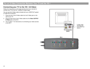 Page 1010For an S-Video Connection Between Your TV and the VS-1
Connecting your TV to the VS-1 (S-Video)Follow the instructions on this page and the next if you decided to 
connect your TV to the VS-1 using an S-Video cable.
You can use the S-Video cable included with your LIFESTYLE
® system 
to make this connection.
1. Plug one end of the S-Video cable into the S-Video jack on the 
rear of your TV.
2. Plug the other end of the S-Video cable into the Video OUTPUT 
S-Video jack on the VS-1.
3. Turn to page 11...