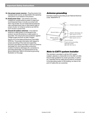 Page 4English
b October 22, 2001                    AM251174_03_V.pdf
Important Safety Instructions
Antenna grounding
Example of antenna grounding as per National Electrical
Code, ANSI/NFPA 70.
Note to CATV system installer
This reminder is provided to call the CATV system
installer’s attention to Article 820-40 of the NEC (of USA)
that provides guidelines for proper grounding. In particu-
lar, it specifies that the cable ground shall be connected
to the grounding system of the building, as close to the
point...