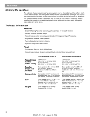 Page 1616
Reference
Cleaning the speakers
The cabinets of your Acoustimass® speaker system may be cleaned only with a soft dry cloth. 
Do not use any sprays near the system or allow liquids to spill into any openings. Also, do not 
use any solvents, chemicals, or cleaning solutions containing alcohol, ammonia, or abrasives. 
The grille assemblies on the cube arrays may be carefully vacuumed, if necessary. Please 
note that the drivers are located directly behind the grille cloth, and are easily damaged if...