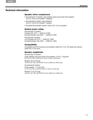 Page 1515
REFERENCE
English FrançaisEspañol
Technical information
Speaker driver complement
• Acoustimass® 10 system cube speaker arrays and center front speaker: !
Two 2.5" (6.35 cm) TwiddlerTM speakers
• Acoustimass 6 system cube speakers: !
One 2.5" (6.35 cm) Twiddler
TM speaker
• Powered Acoustimass module: Three 5.25" (13 cm) woofers 
System power rating
Acoustimass 10 system:!
Canada:100-127V
50/60 Hz 270W!
Europe/Australia: 220-240V
50/60 Hz 270W
Acoustimass 6 system:!
U.S./Canada:100-127V...
