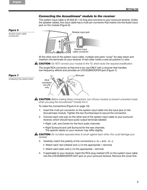 Page 99
SETTING UP
English FrançaisEspañol
Connecting the Acoustimass® module to the receiver 
The system input cable is 20 feet (6.1 m) long and connects to your surround receiver. Unlike 
the speaker cables, this input cable has a multi-pin connector that inserts into the Audio Input 
jack on the module (Figure 6).
Figure 6
System input cable 
connectionModule input jack
System input 
cable connector
At the other end of the system input cable, multiple wire pairs “unzip” for easy reach and 
insertion into...