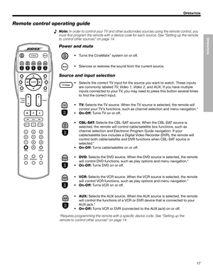 Page 17OPERATION
17
2SHUDWLRQIP O
PERATION
English FrançaisEspañol
Remote control operating guide
*Requires programming the remote with a specific device code. See “Setting up the 
remote to control other sources” on page 14. Note:In order to control your TV and other audio/video sources using the remote control, you 
must first program the remote with a device code for each source. See “Setting up the remote 
to control other sources” on page 14.
Power and mute
• Turns the CineMate™ system on or off.
•...