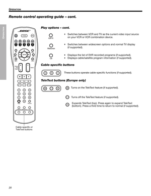 Page 2020
OPERATION
2SHUDWLRQIP  O
PERATION
English Français Español
Remote control operating guide – cont.

Play options – cont.
• Switches between VCR and TV as the current video input source 
on your VCR or VCR combination device.
• Switches between widescreen options and normal TV display 
(if supported).
• Displays the list of DVR recorded programs (if supported).
• Displays cable/satellite program information (if supported).
Cable-specific buttons
These buttons operate cable-specific functions...